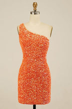 Glitter One-Shoulder Hot Pink Homecoming Dress With Sequins