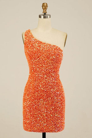 Glitter One-Shoulder Hot Pink Homecoming Dress With Sequins