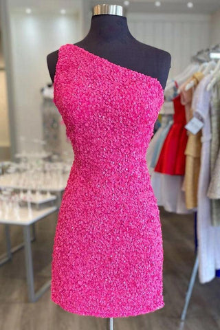 Glitter One-Shoulder Hot Pink Homecoming Dress With Sequins