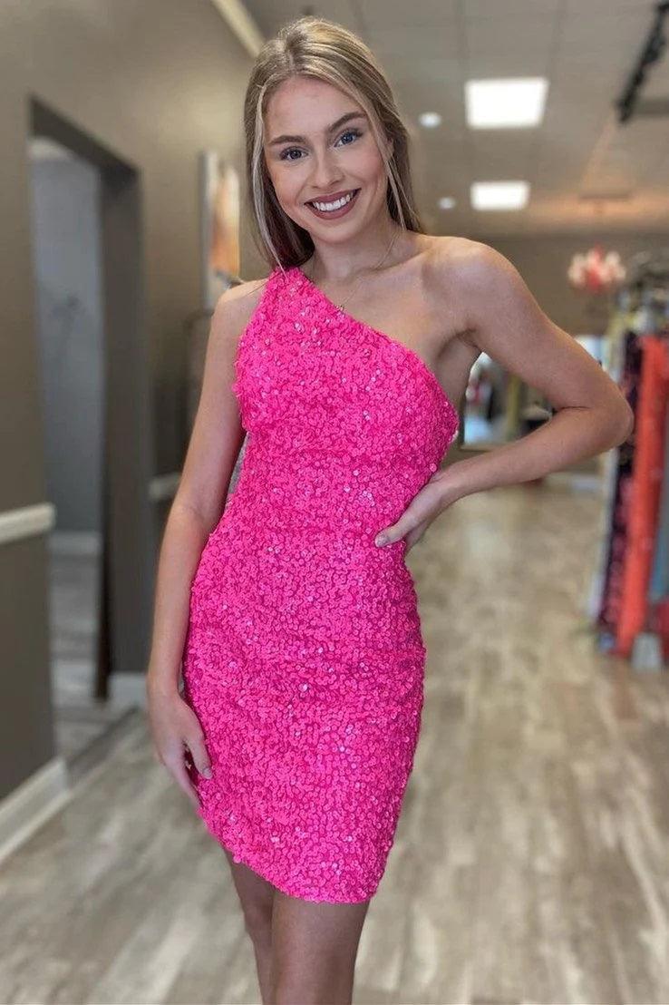Glitzerndes One-Shoulder-Hot-Pink-Enges, kurzes Ballkleid mit Homecoming-Kleid