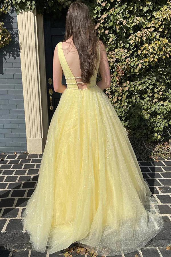 Vestido de fiesta largo de tul con cuentas y corte A en amarillo brillante
