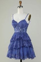 Glitter Lace Corset Ruffle Tiered Lavender Homecoming Dress