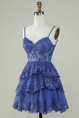 Glitter Lace Corset Ruffle Tiered Lavender Homecoming Dress