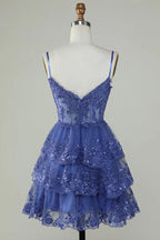 Glitter Lace Corset Ruffle Tiered Lavender Homecoming Dress