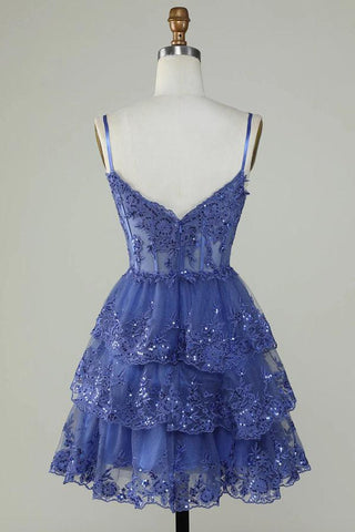 Glitter Lace Corset Ruffle Tiered Lavender Homecoming Dress