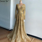 On Sale  no return no refund Gold A-Line V-Neck Luxury Sexy Evening Dresses  Pearls Crystal Long Sleeves Fromal Gown Serene Hill LA70287L