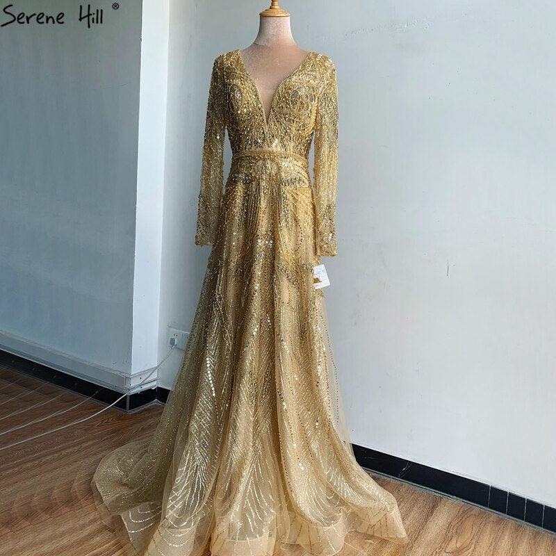 On Sale  no return no refund Gold A-Line V-Neck Luxury Sexy Evening Dresses  Pearls Crystal Long Sleeves Fromal Gown Serene Hill LA70287L