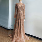 On Sale  no return no refund Gold A-Line V-Neck Luxury Sexy Evening Dresses  Pearls Crystal Long Sleeves Fromal Gown Serene Hill LA70287L