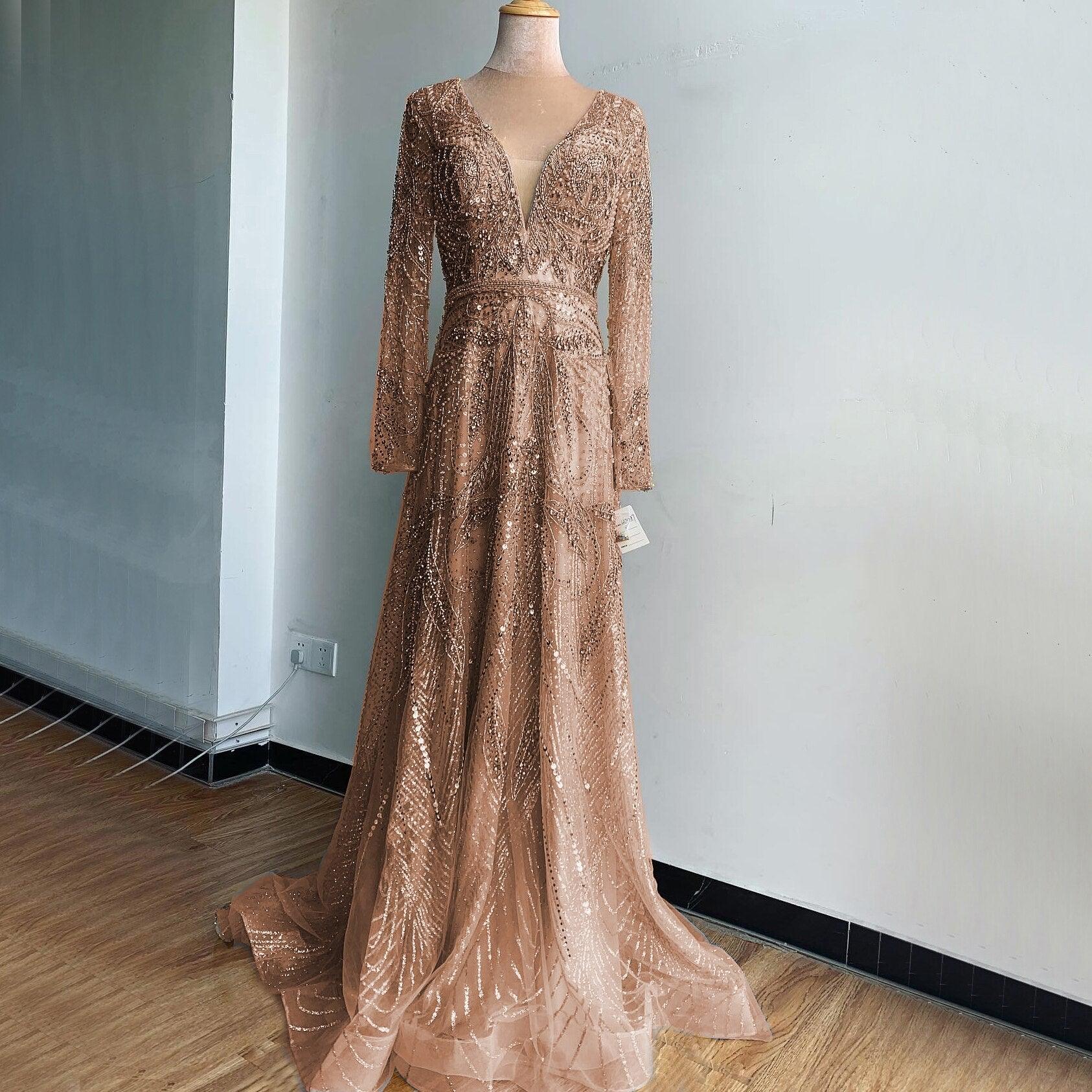 On Sale  no return no refund Gold A-Line V-Neck Luxury Sexy Evening Dresses  Pearls Crystal Long Sleeves Fromal Gown Serene Hill LA70287L