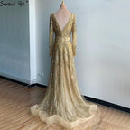 On Sale  no return no refund Gold A-Line V-Neck Luxury Sexy Evening Dresses  Pearls Crystal Long Sleeves Fromal Gown Serene Hill LA70287L