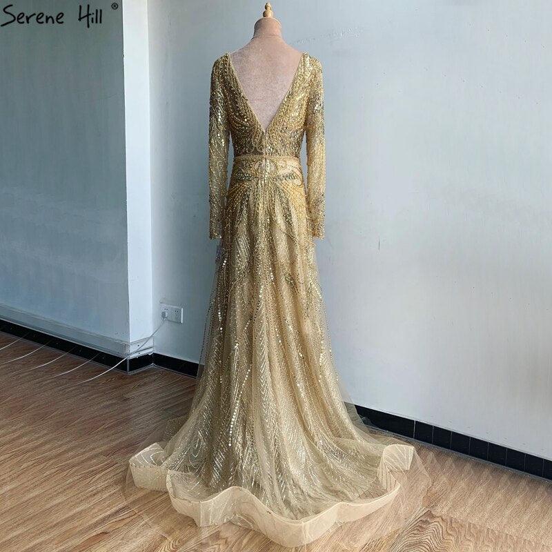 On Sale  no return no refund Gold A-Line V-Neck Luxury Sexy Evening Dresses  Pearls Crystal Long Sleeves Fromal Gown Serene Hill LA70287L