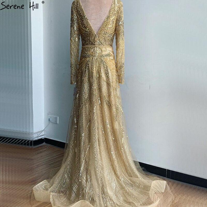 On Sale  no return no refund Gold A-Line V-Neck Luxury Sexy Evening Dresses  Pearls Crystal Long Sleeves Fromal Gown Serene Hill LA70287L