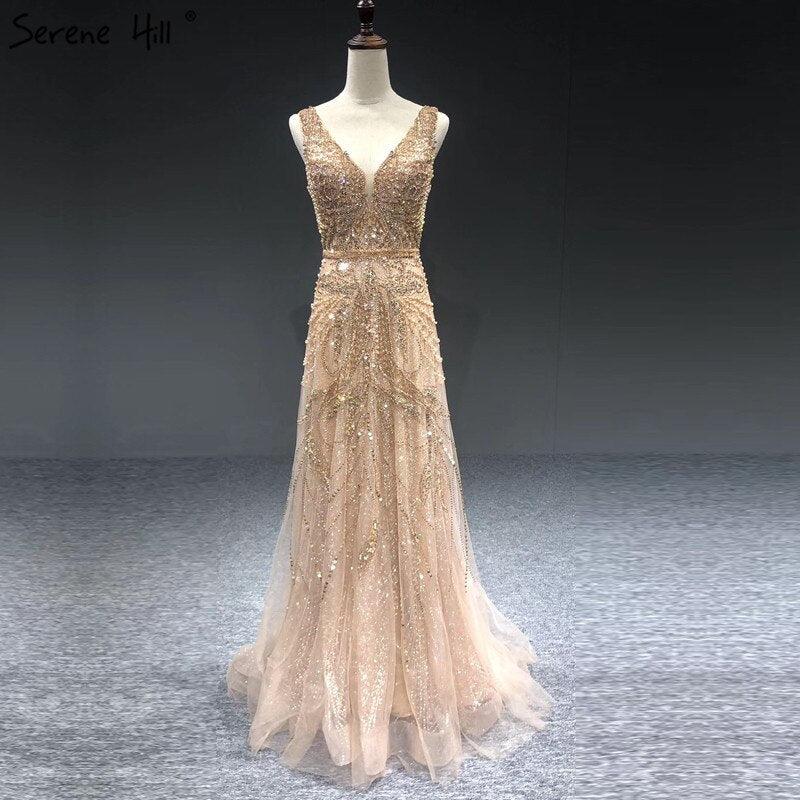 On Sale  no return no refund Gold A-Line V-Neck Luxury Sexy Evening Dresses  Pearls Crystal Long Sleeves Fromal Gown Serene Hill LA70287L