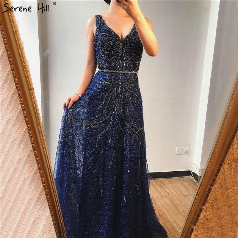 On Sale  no return no refund Gold A-Line V-Neck Luxury Sexy Evening Dresses  Pearls Crystal Long Sleeves Fromal Gown Serene Hill LA70287L
