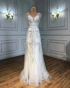 On Sale  no return no refund Gold A-Line V-Neck Luxury Sexy Evening Dresses  Pearls Crystal Long Sleeves Fromal Gown Serene Hill LA70287L
