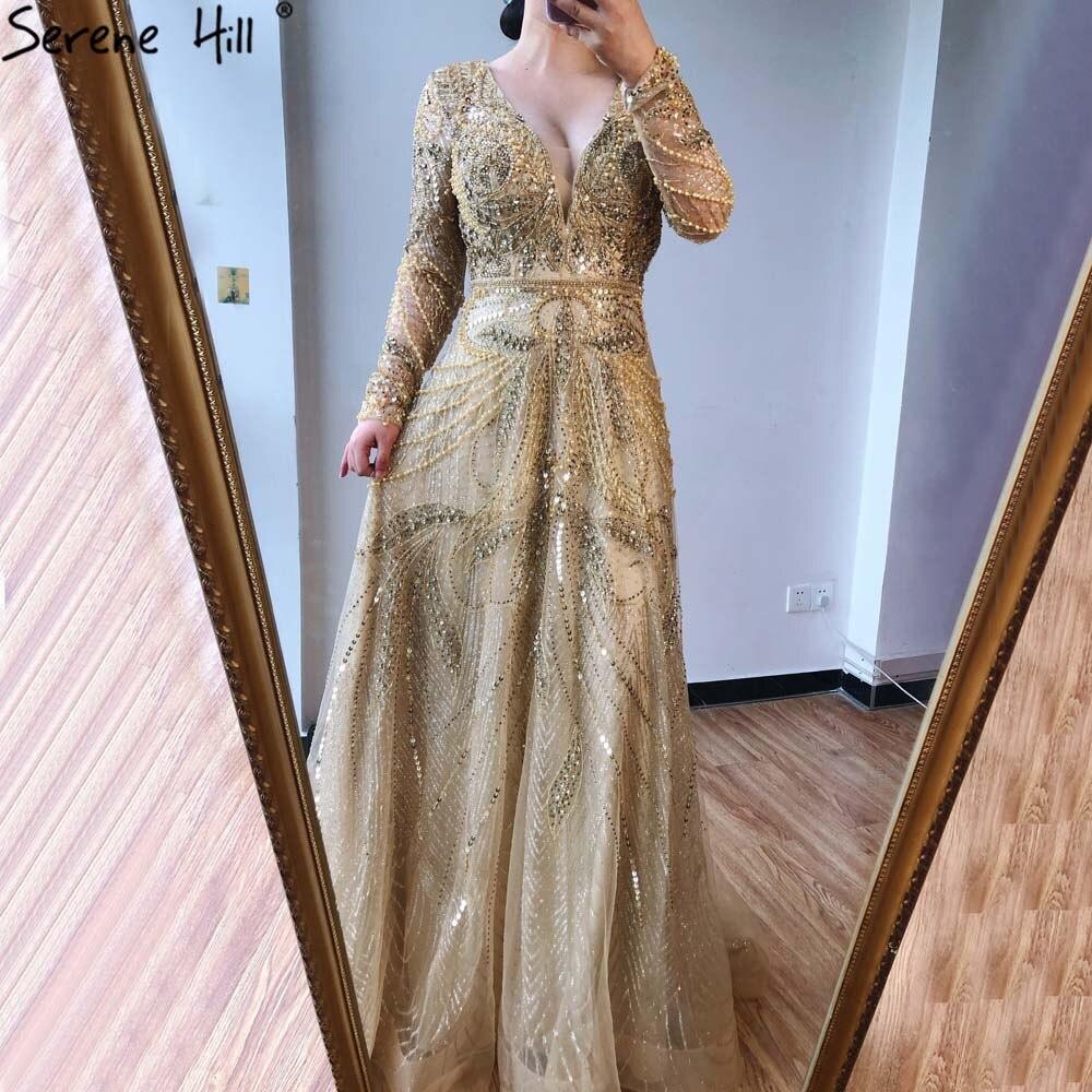 On Sale  no return no refund Gold A-Line V-Neck Luxury Sexy Evening Dresses  Pearls Crystal Long Sleeves Fromal Gown Serene Hill LA70287L