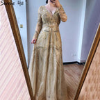 On Sale  no return no refund Gold A-Line V-Neck Luxury Sexy Evening Dresses  Pearls Crystal Long Sleeves Fromal Gown Serene Hill LA70287L