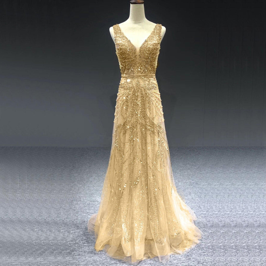 On Sale  no return no refund Gold A-Line V-Neck Luxury Sexy Evening Dresses  Pearls Crystal Long Sleeves Fromal Gown Serene Hill LA70287L