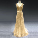 On Sale  no return no refund Gold A-Line V-Neck Luxury Sexy Evening Dresses  Pearls Crystal Long Sleeves Fromal Gown Serene Hill LA70287L