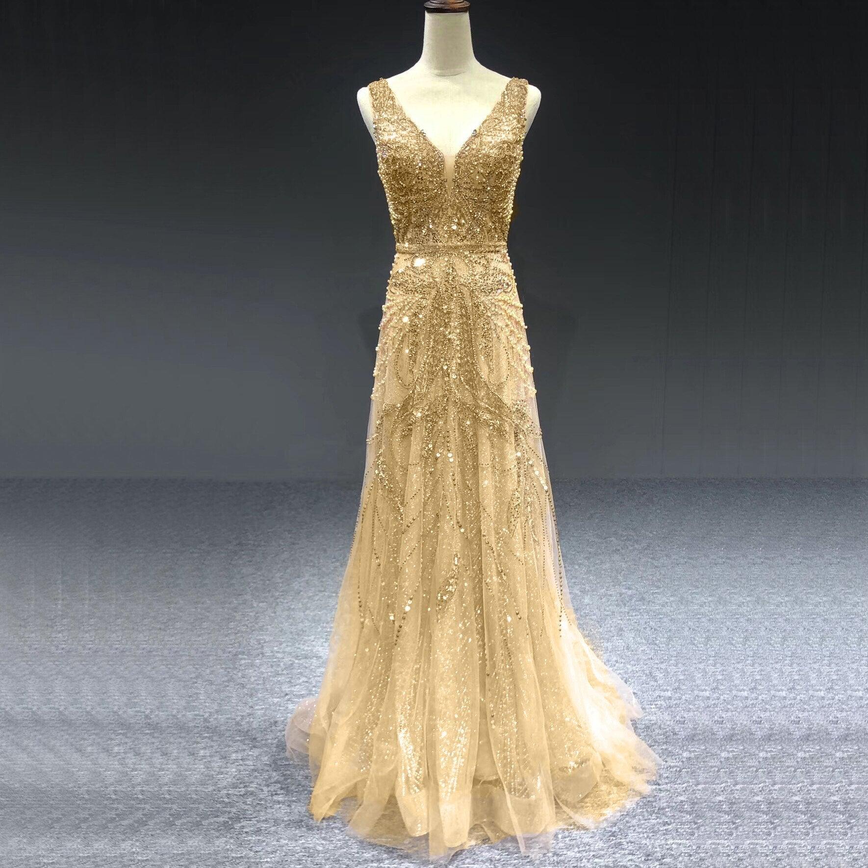 On Sale  no return no refund Gold A-Line V-Neck Luxury Sexy Evening Dresses  Pearls Crystal Long Sleeves Fromal Gown Serene Hill LA70287L