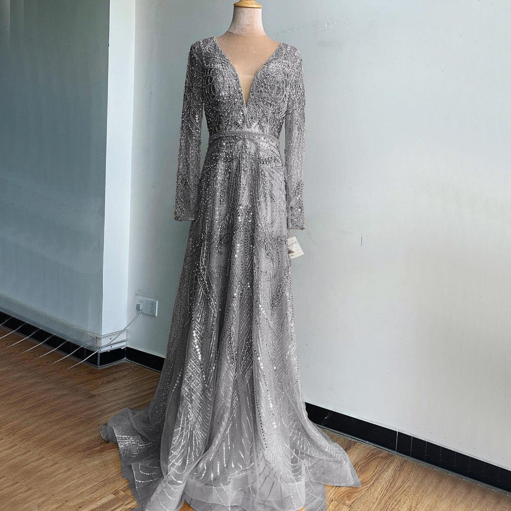 On Sale  no return no refund Gold A-Line V-Neck Luxury Sexy Evening Dresses  Pearls Crystal Long Sleeves Fromal Gown Serene Hill LA70287L