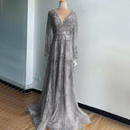 On Sale  no return no refund Gold A-Line V-Neck Luxury Sexy Evening Dresses  Pearls Crystal Long Sleeves Fromal Gown Serene Hill LA70287L
