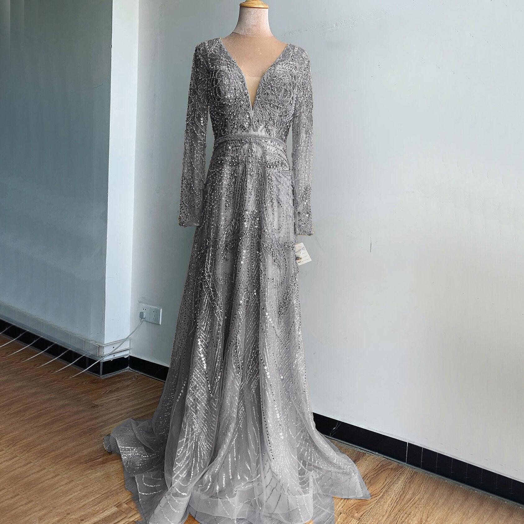On Sale  no return no refund Gold A-Line V-Neck Luxury Sexy Evening Dresses  Pearls Crystal Long Sleeves Fromal Gown Serene Hill LA70287L