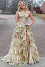 Marineblaues, langes Pailletten-Abendkleid aus Tüll mit One-Shoulder-Ausschnitt und Schlitz