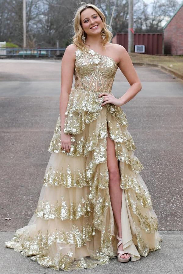 Marineblaues, langes Pailletten-Abendkleid aus Tüll mit One-Shoulder-Ausschnitt und Schlitz
