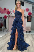 Marineblaues, langes Pailletten-Abendkleid aus Tüll mit One-Shoulder-Ausschnitt und Schlitz
