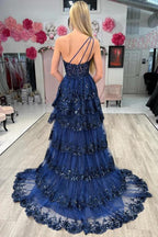 Marineblaues, langes Pailletten-Abendkleid aus Tüll mit One-Shoulder-Ausschnitt und Schlitz