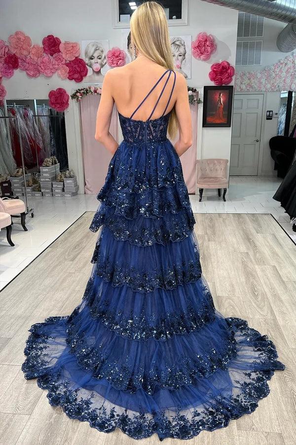 Marineblaues, langes Pailletten-Abendkleid aus Tüll mit One-Shoulder-Ausschnitt und Schlitz
