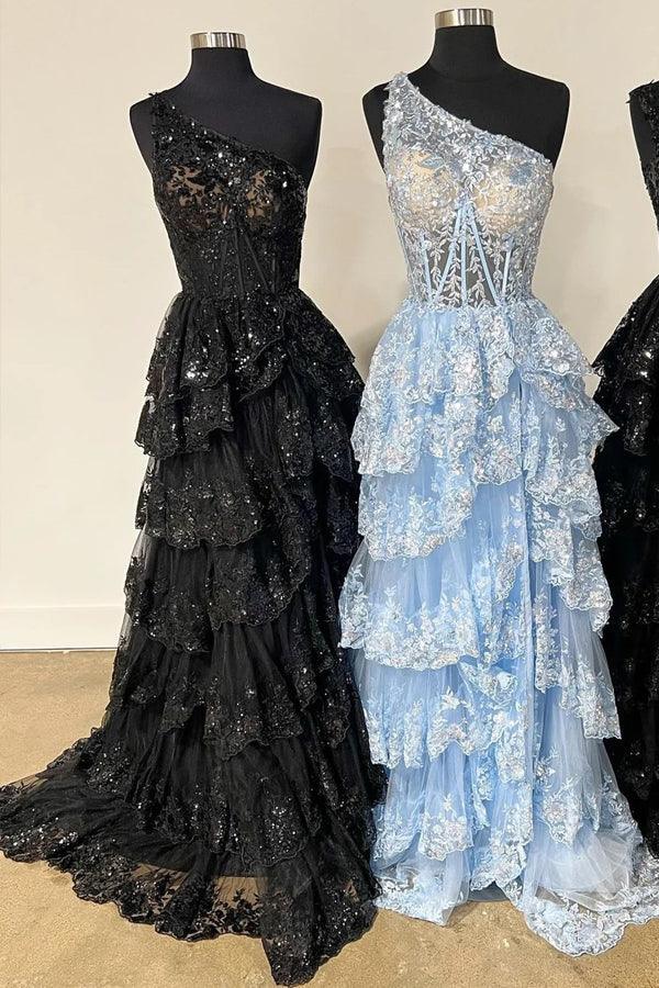 Marineblaues, langes Pailletten-Abendkleid aus Tüll mit One-Shoulder-Ausschnitt und Schlitz
