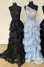 Marineblaues, langes Pailletten-Abendkleid aus Tüll mit One-Shoulder-Ausschnitt und Schlitz