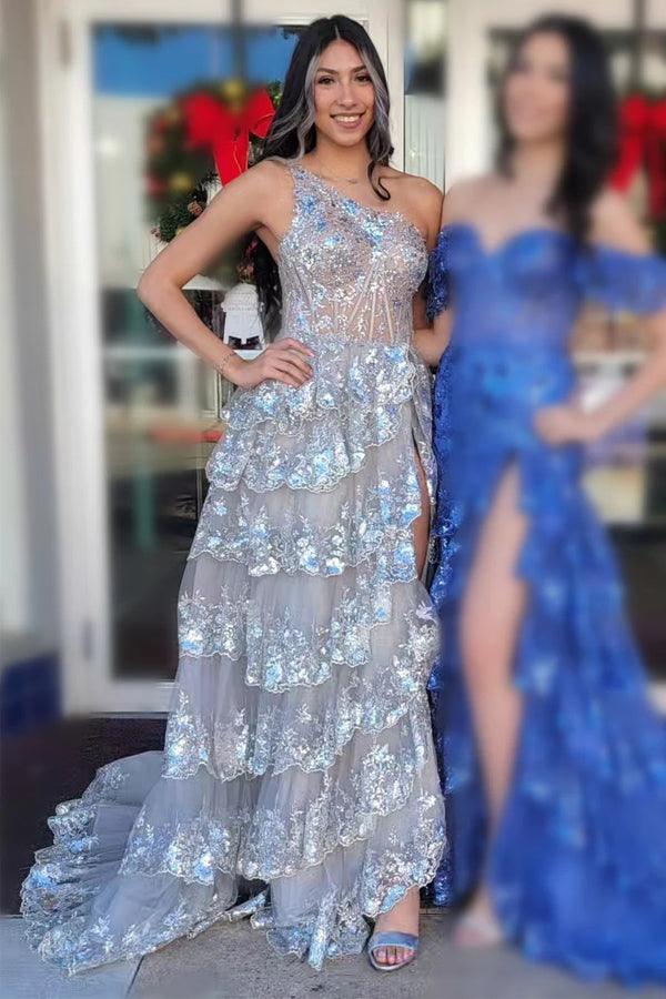 Marineblaues, langes Pailletten-Abendkleid aus Tüll mit One-Shoulder-Ausschnitt und Schlitz