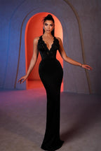 Wunderschönes säulenförmiges, ärmelloses schwarzes Ballkleid mit Spitze und V-Ausschnitt