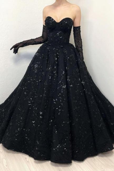 Wunderschönes langes schwarzes A-Linien-Ballkleid mit herzförmigem Ausschnitt und Spitze