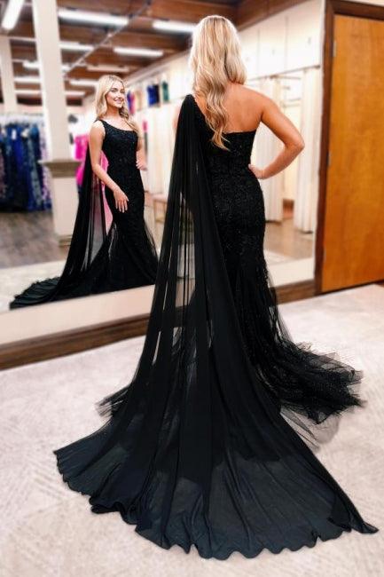 Wunderschönes langes schwarzes One-Shoulder-Meerjungfrau-Glitzer-Ballkleid mit Spitze