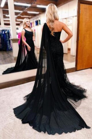 Gorgeous Long Black One Shoulder Mermaid Glitter Prom Dress With Lace