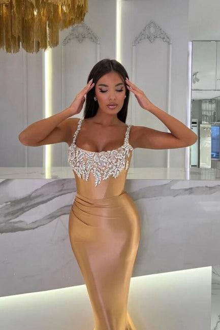 Wunderschönes langes Meerjungfrau-Ballkleid in Gold mit Ärmeln und Glitzer