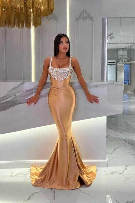 Wunderschönes langes Meerjungfrau-Ballkleid in Gold mit Ärmeln und Glitzer