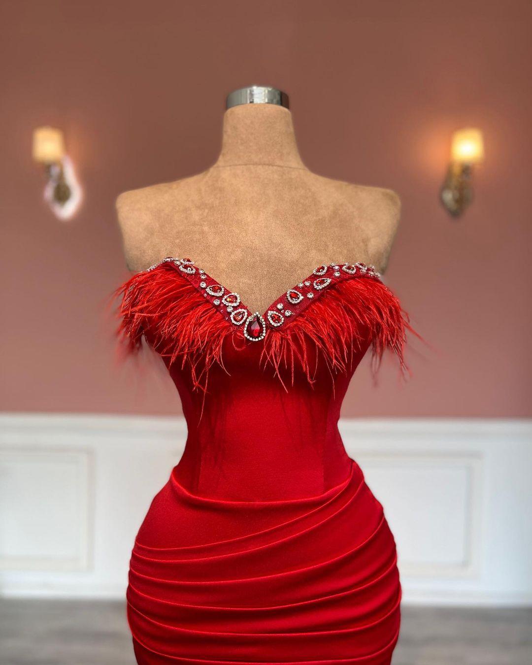 Wunderschönes langes rotes Ballkleid mit herzförmigem Ausschnitt und Federn