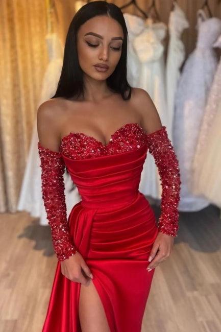 Wunderschönes langes rotes Meerjungfrau-Abendkleid mit Herzausschnitt, Pailletten und Perlen verziert und langen Ärmeln