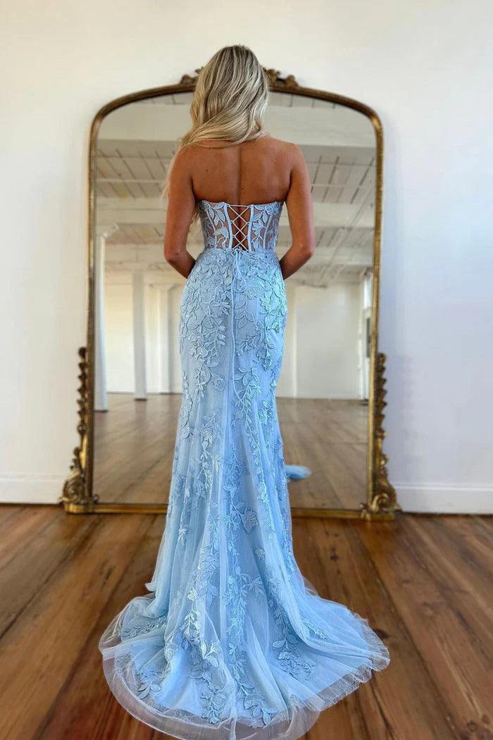 Vestidos de fiesta hermosos de encaje con escote corazón sin mangas con apliques de sirena