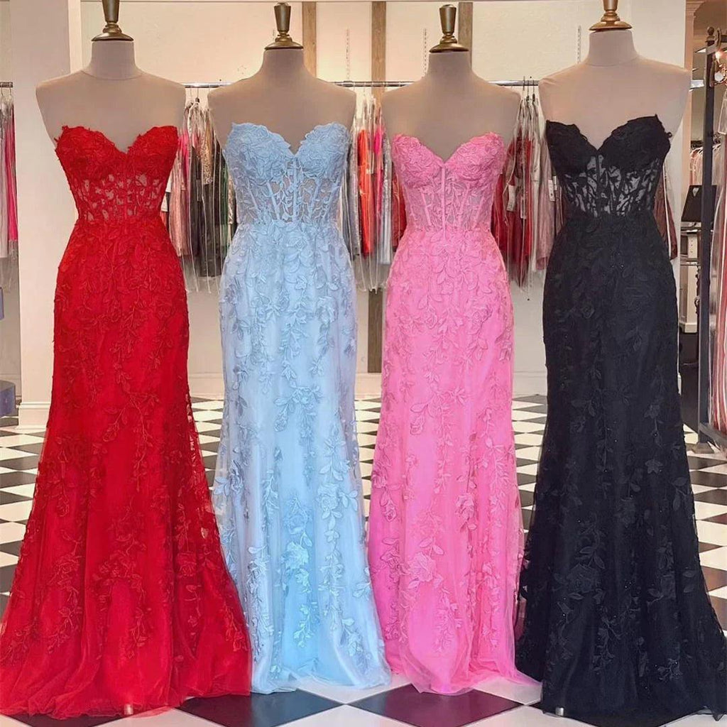 Vestidos de fiesta hermosos de encaje con escote corazón sin mangas con apliques de sirena