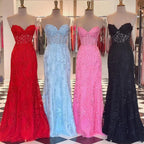 Vestidos de fiesta hermosos de encaje con escote corazón sin mangas con apliques de sirena