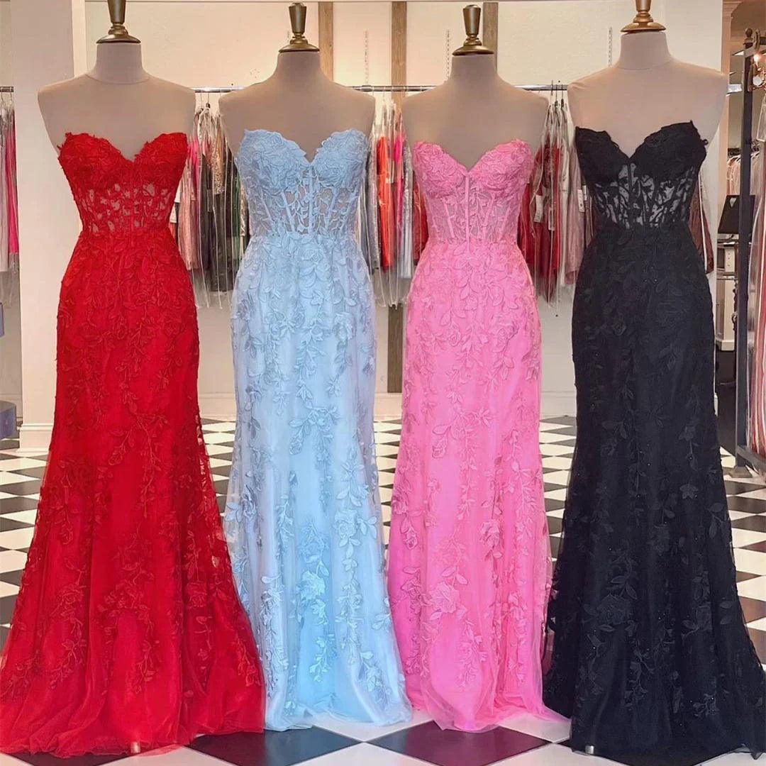Vestidos de fiesta hermosos de encaje con escote corazón sin mangas con apliques de sirena