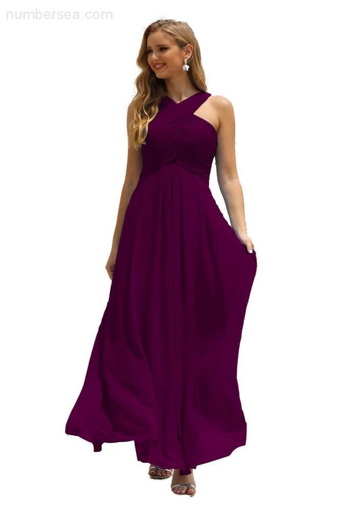Numbersea Women Halter Chiffon Bridesmaid Dress A-line Long Formal Prom Gown SEA28015-numbersea