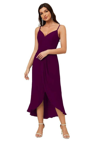 Numbersea Spaghetti Chiffon V Neck Bridesmaid Dress Mid-Length Slit Formal Prom Dress Homecoming Dress 2803-numbersea