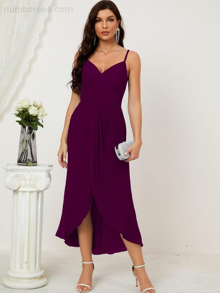 Numbersea Spaghetti Chiffon V Neck Bridesmaid Dress Mid-Length Slit Formal Prom Dress Homecoming Dress 2803-numbersea